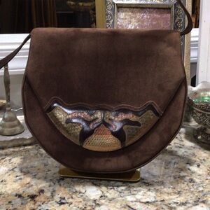 Bally Vintage Italian Brown Suede Crossbody Bag Snakeskin Appliqué Retro Hippie